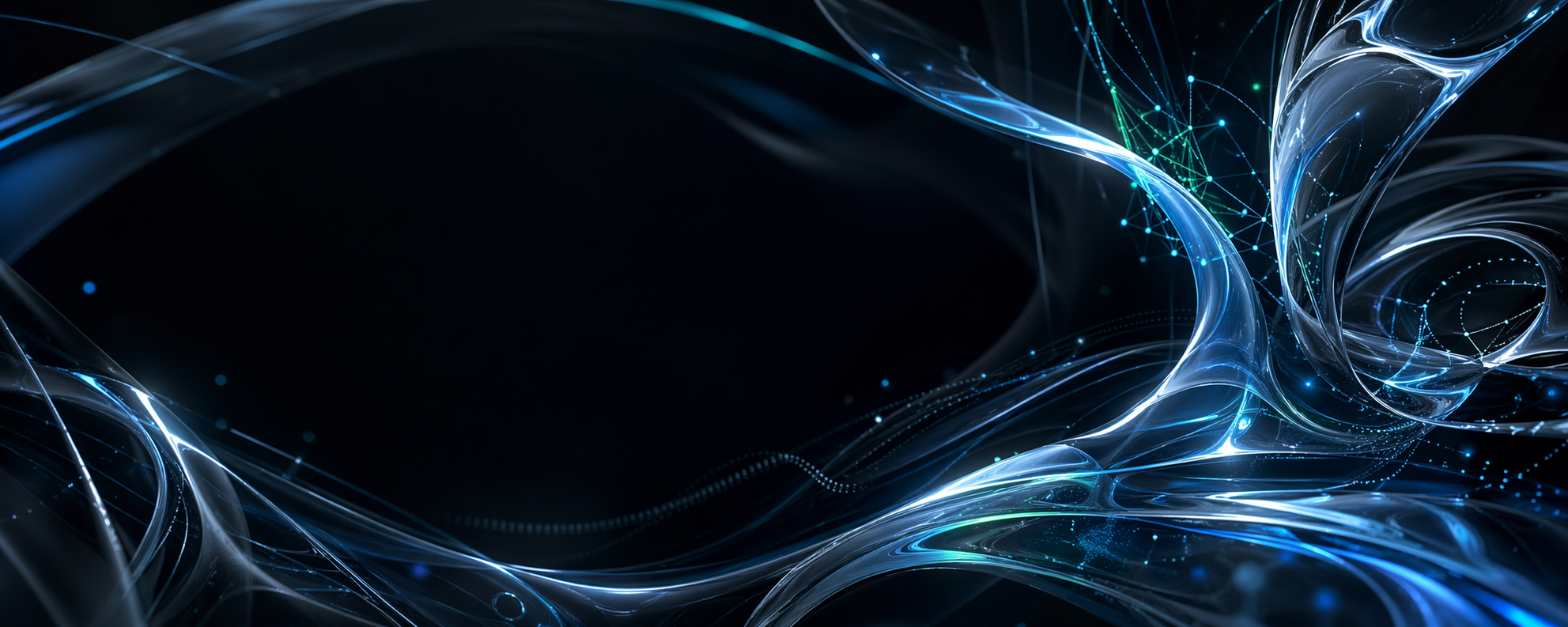 Abstract liquid glass flow ribbons with cyan-blue AI signal lines on a dark background.