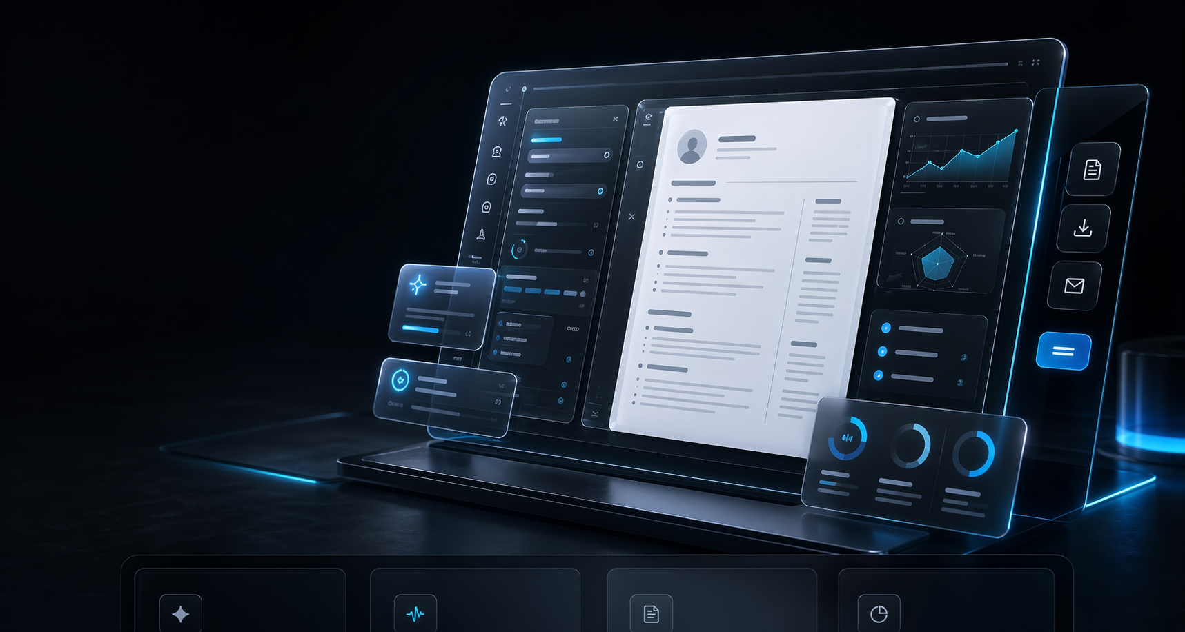 Dark liquid-glass AI CV builder interface with a resume preview and editor panels.